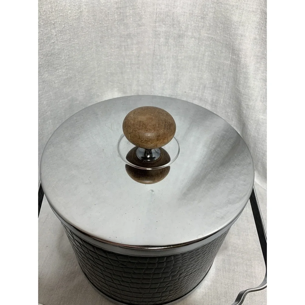 Atapco Ice Bucket Alligator Faux Black Leather Chrome Lid Wooden handle Vintage